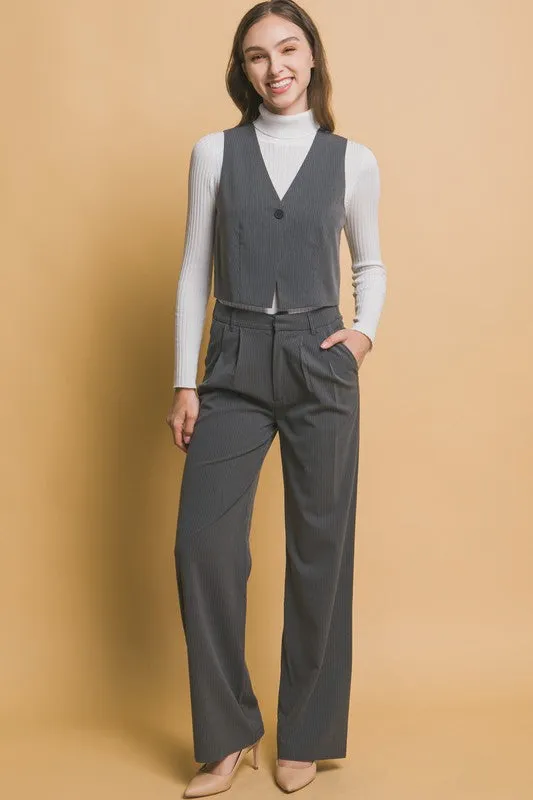 Grey Pinstripe Wide Leg Pants