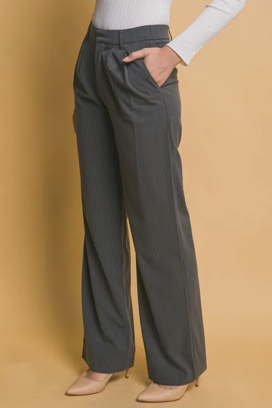 Grey Pinstripe Wide Leg Pants