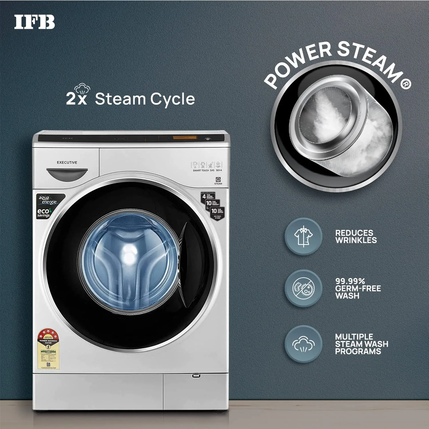 IFB EXECUTIVE SMART TOUCH SXS, Silver 9 Kg 5 Star Front Load Washing Machine 2X Power Steam ( Bubble Wash, 4 years Comprehensive Warranty)