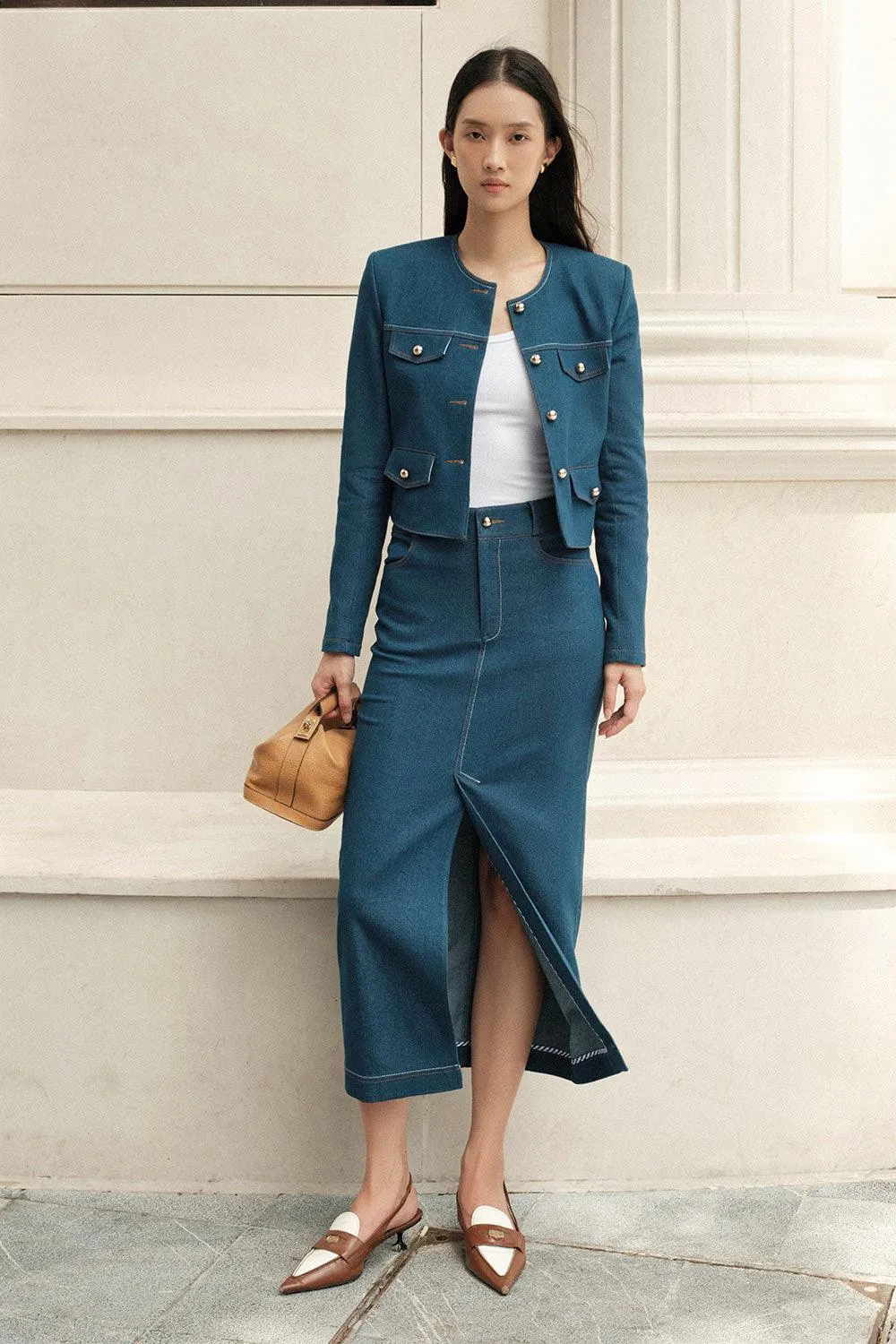 Joanna Pencil Front Slit Cotton Denim Midi Skirt