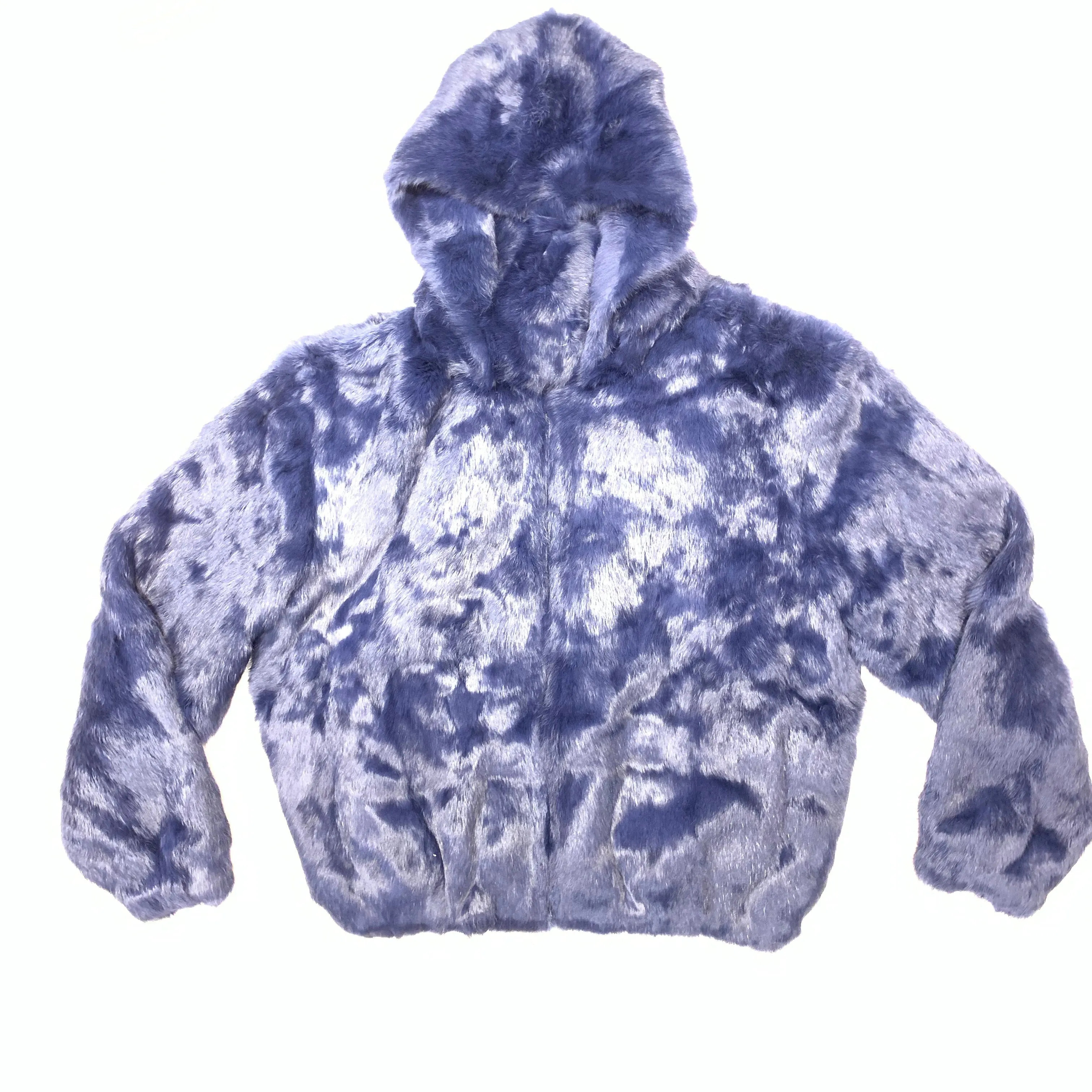 Kashani Navy Men's Blue Rabbit Fur Hooded Bomber Jacket