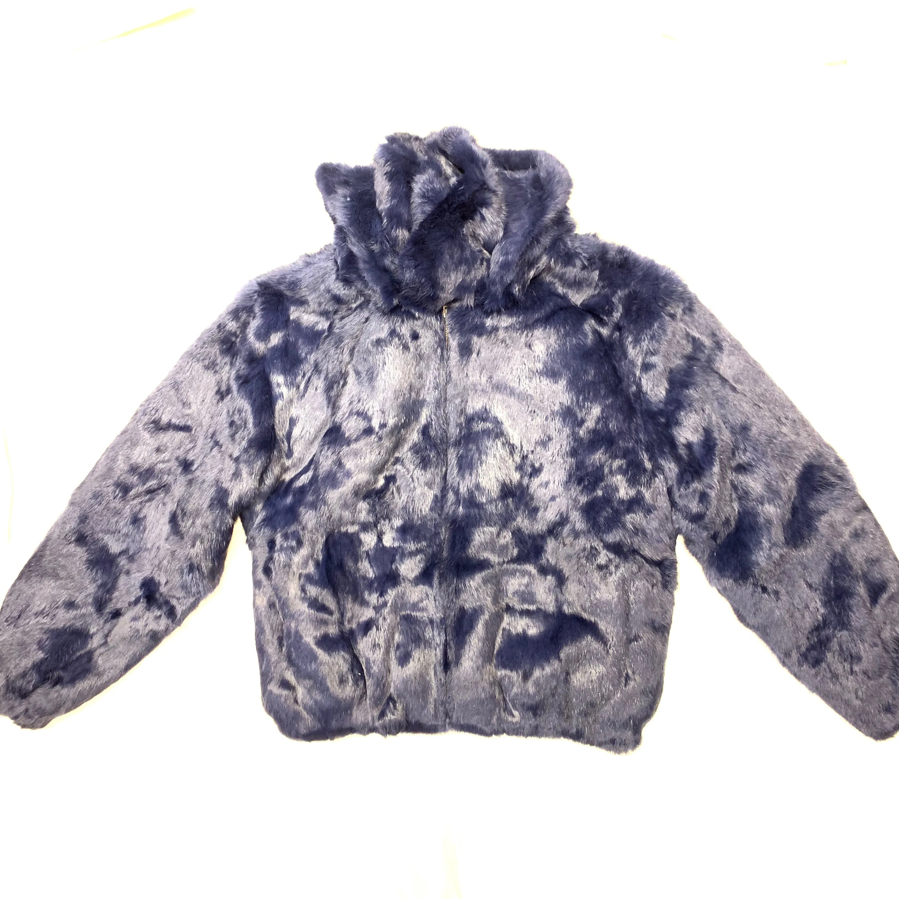 Kashani Navy Men's Blue Rabbit Fur Hooded Bomber Jacket