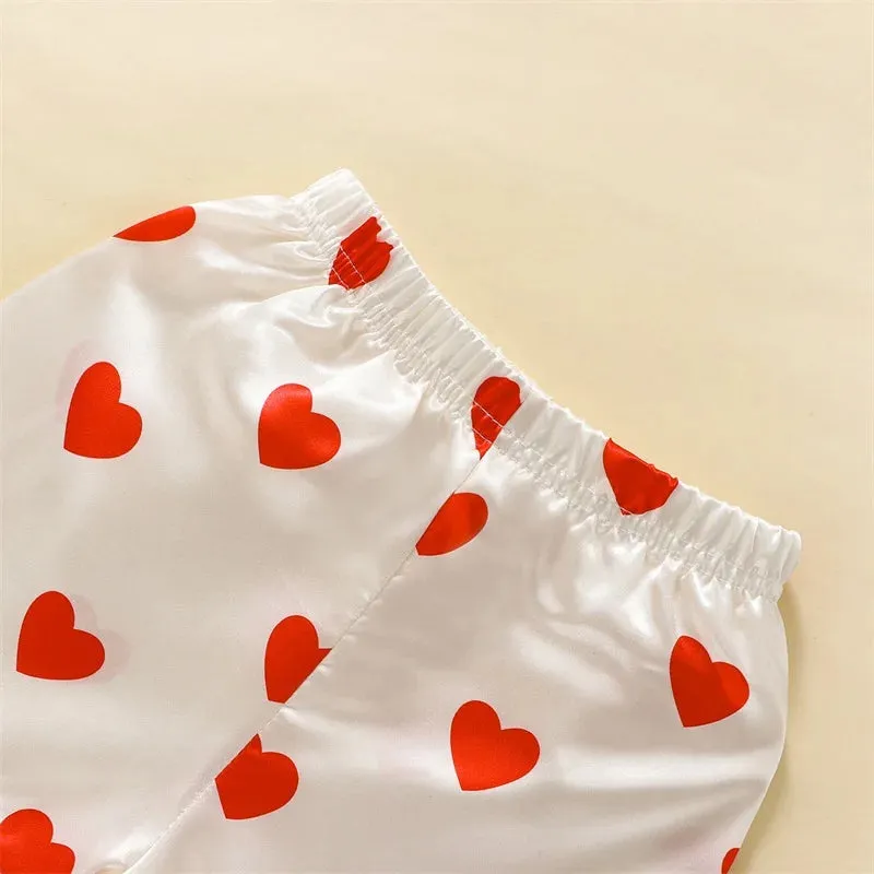 Kids Baby Girls Valentine Pajamas Sets Heart Print Button Short Sleeves Shirt and Elastic Shorts Loungewear Sleepwear