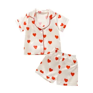 Kids Baby Girls Valentine Pajamas Sets Heart Print Button Short Sleeves Shirt and Elastic Shorts Loungewear Sleepwear