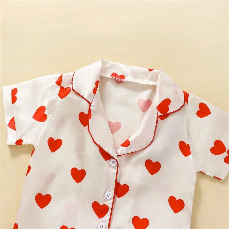 Kids Baby Girls Valentine Pajamas Sets Heart Print Button Short Sleeves Shirt and Elastic Shorts Loungewear Sleepwear