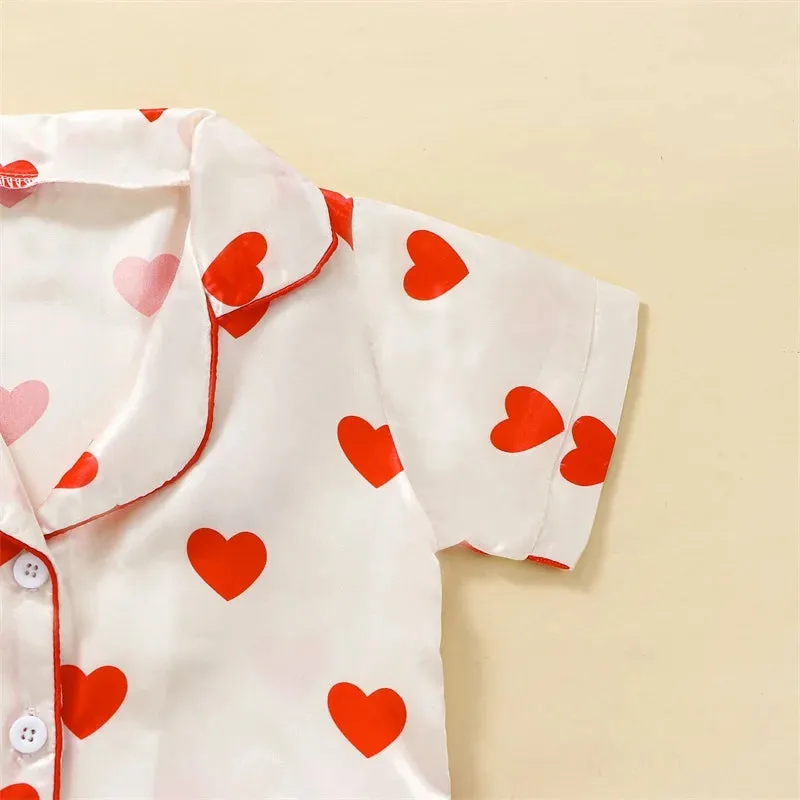 Kids Baby Girls Valentine Pajamas Sets Heart Print Button Short Sleeves Shirt and Elastic Shorts Loungewear Sleepwear