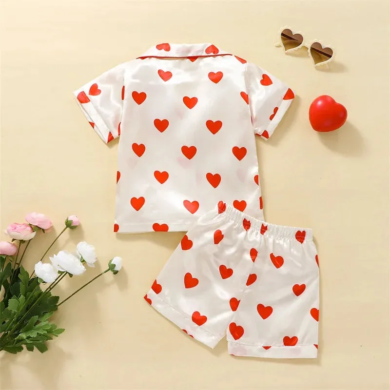 Kids Baby Girls Valentine Pajamas Sets Heart Print Button Short Sleeves Shirt and Elastic Shorts Loungewear Sleepwear