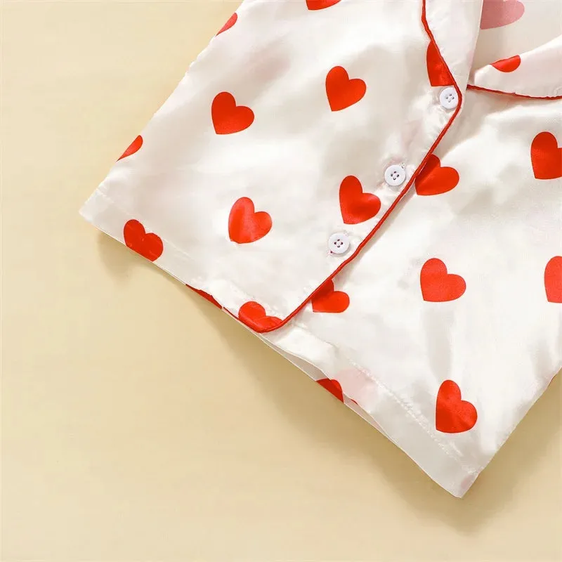 Kids Baby Girls Valentine Pajamas Sets Heart Print Button Short Sleeves Shirt and Elastic Shorts Loungewear Sleepwear