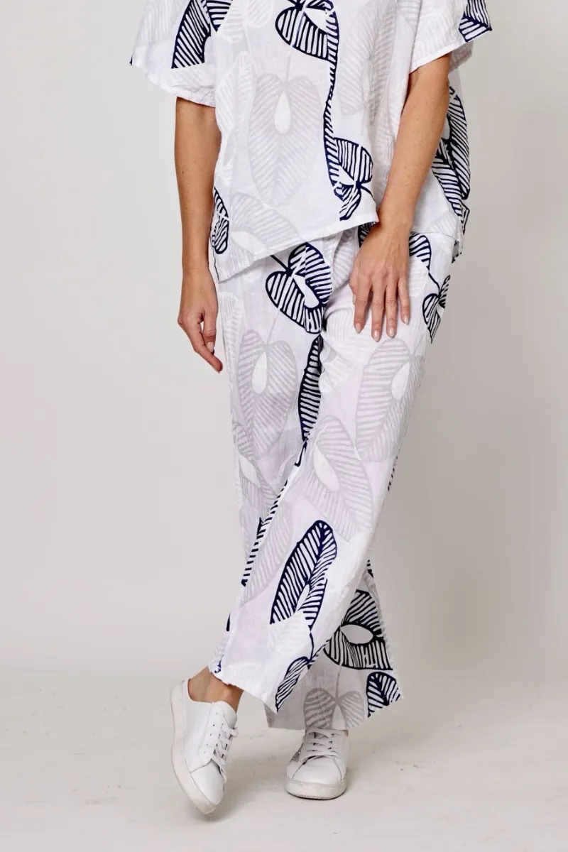 La Strada Linen Palm Navy Print Wide Leg Pant