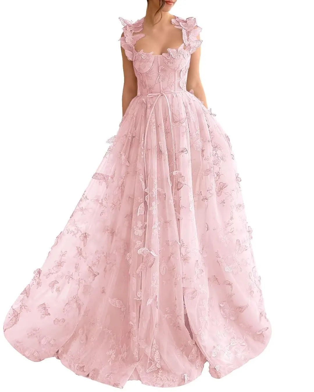 Long Tulle Prom Dress with 3D Butterflies Dress Ball Gown Evening Dresses Party Wedding Formal Dress Slit