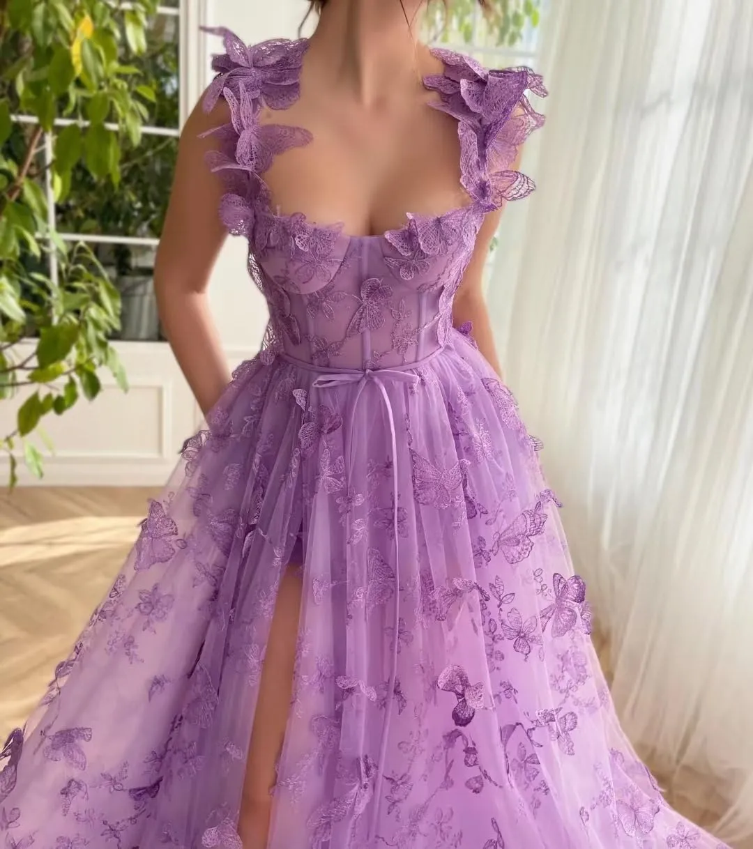 Long Tulle Prom Dress with 3D Butterflies Dress Ball Gown Evening Dresses Party Wedding Formal Dress Slit