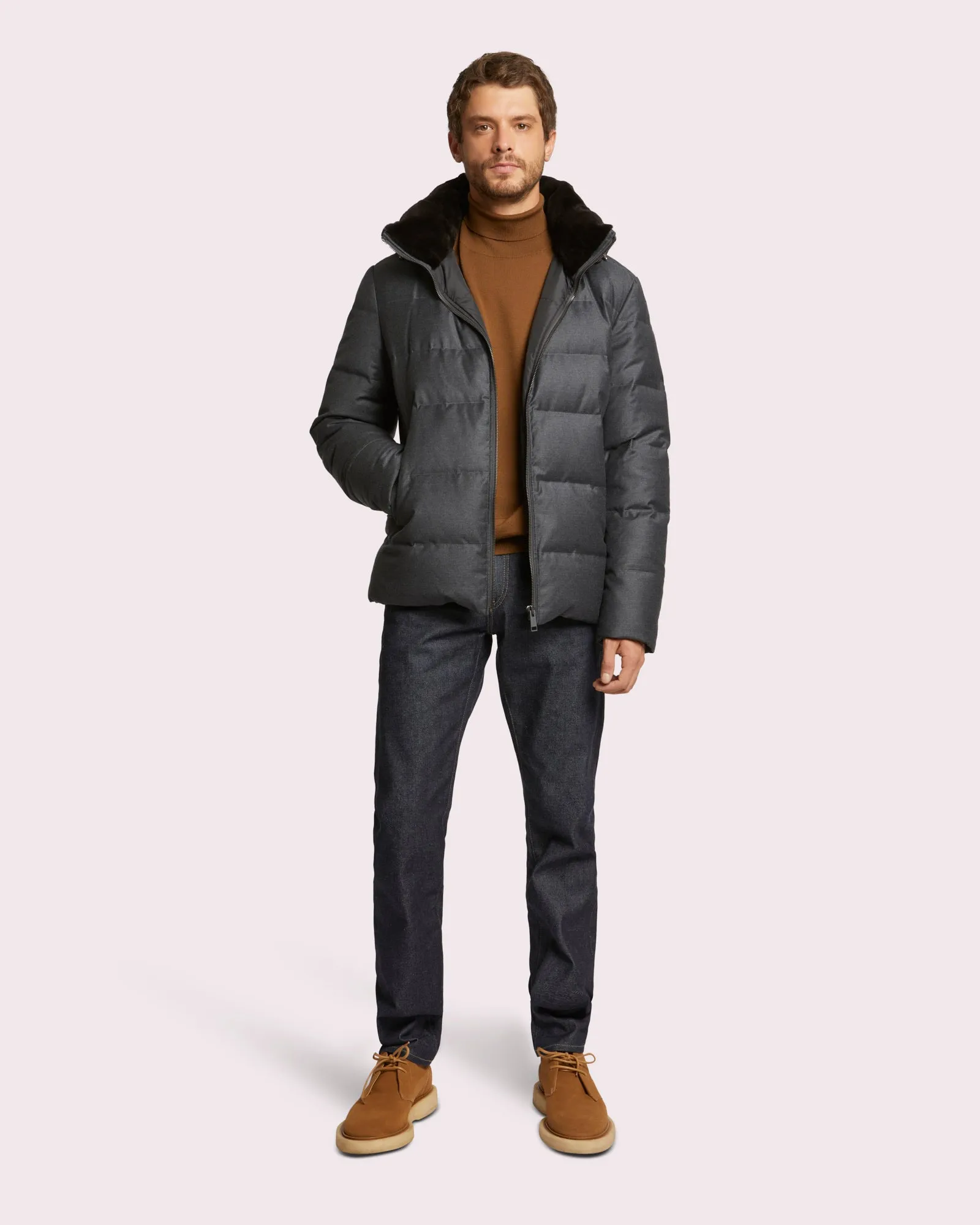 Loro Piana Fabric Short Down Jacket With Dehaired Mink Inside Collar