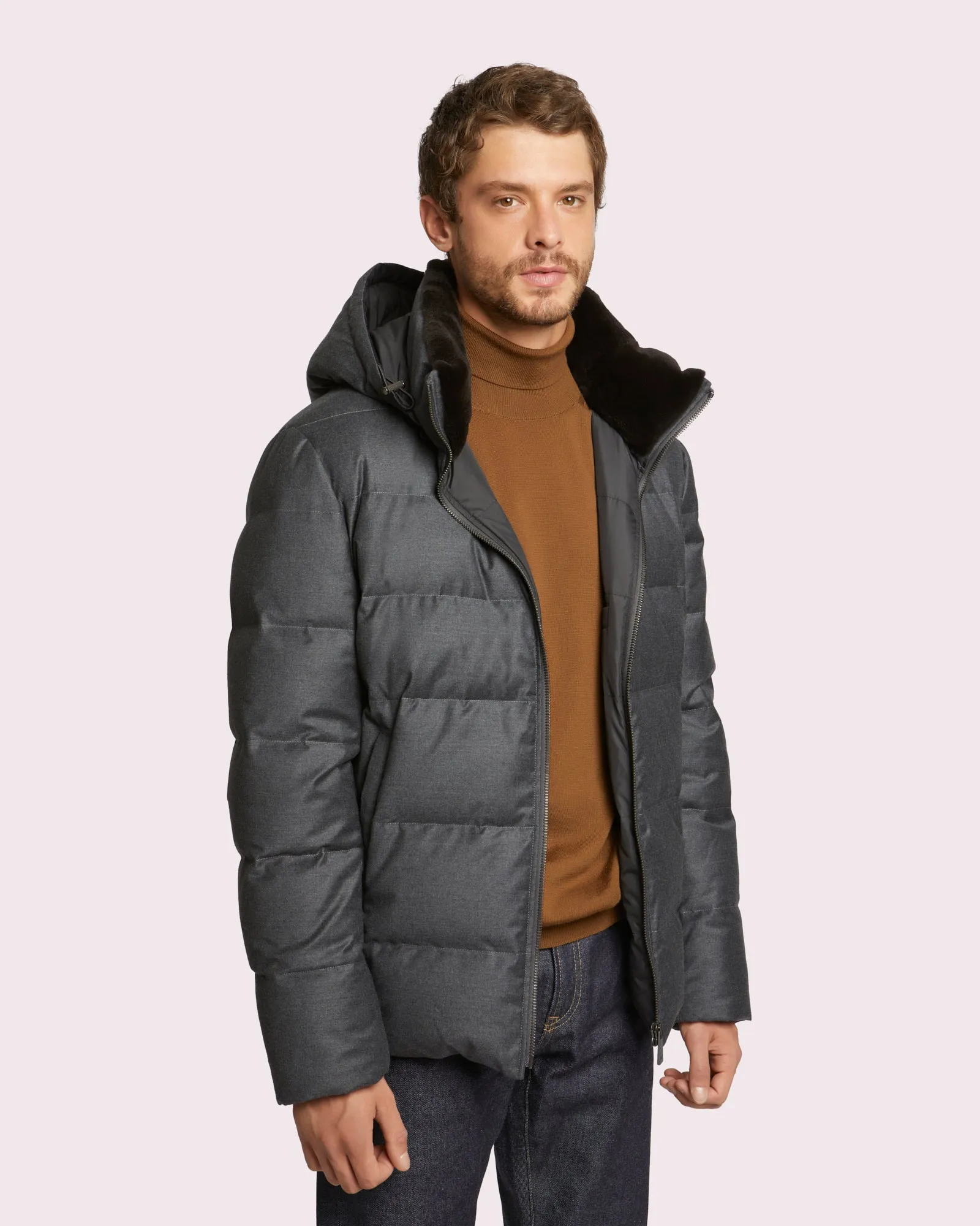 Loro Piana Fabric Short Down Jacket With Dehaired Mink Inside Collar