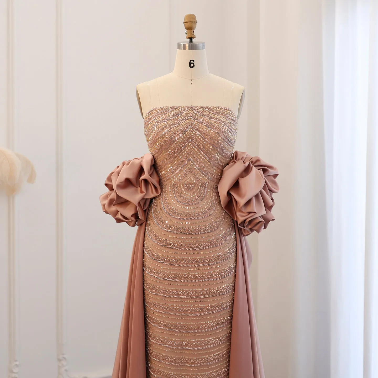 Luxury Beaded Dusty Pink Strapless Evening Dress with Cape SS492