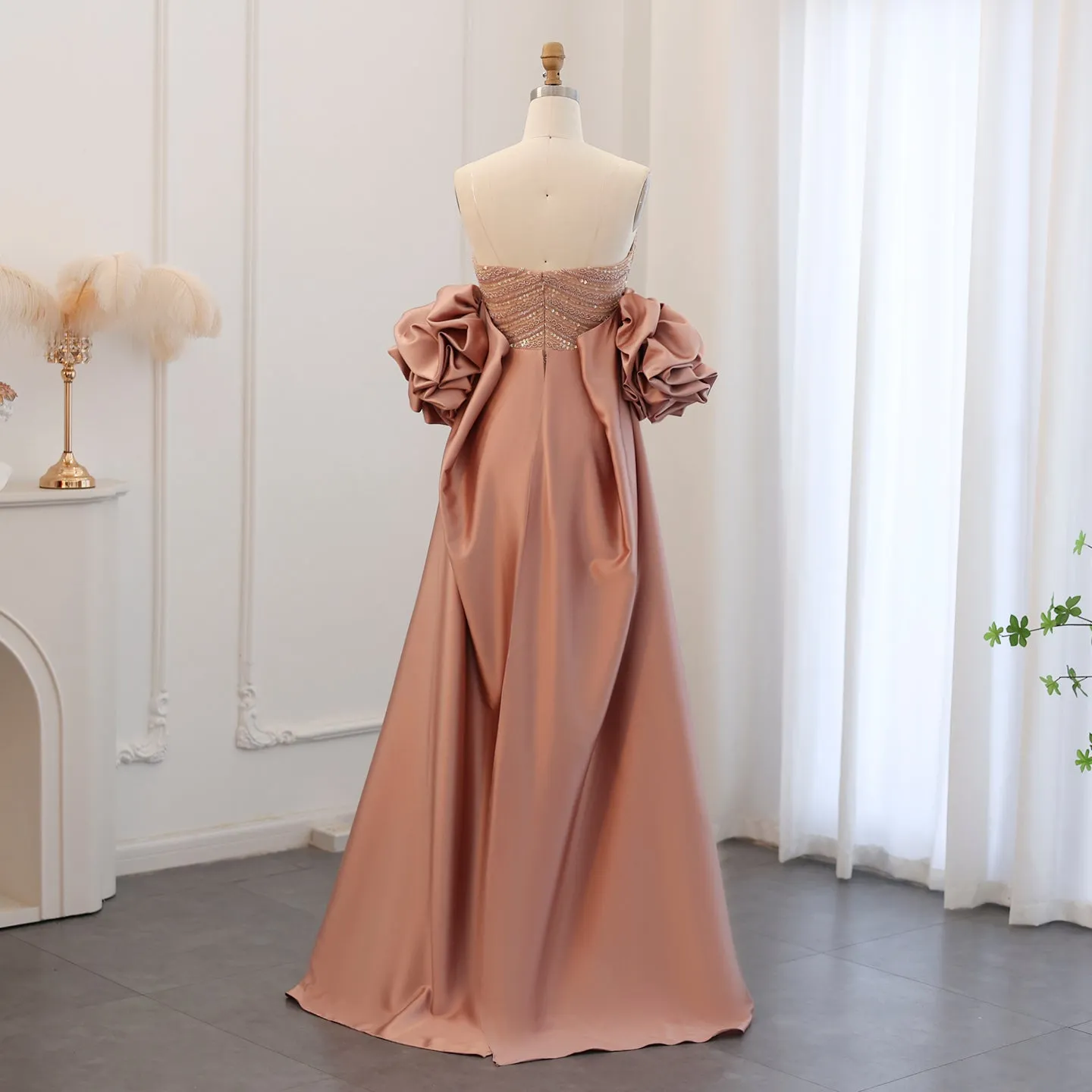 Luxury Beaded Dusty Pink Strapless Evening Dress with Cape SS492