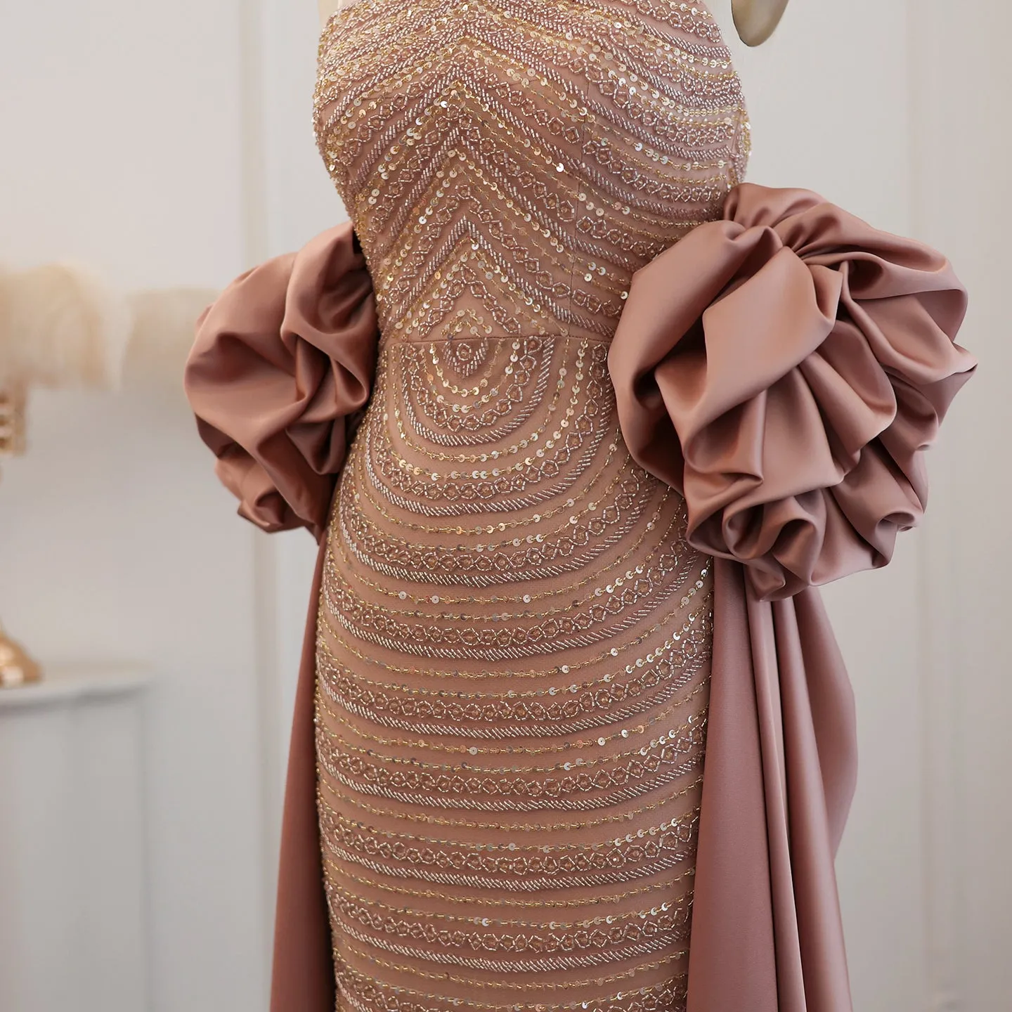 Luxury Beaded Dusty Pink Strapless Evening Dress with Cape SS492