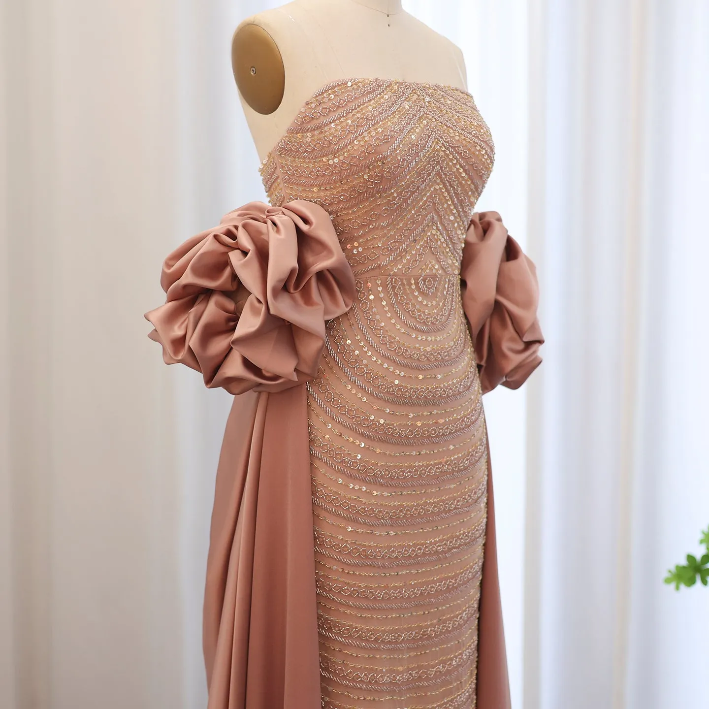 Luxury Beaded Dusty Pink Strapless Evening Dress with Cape SS492