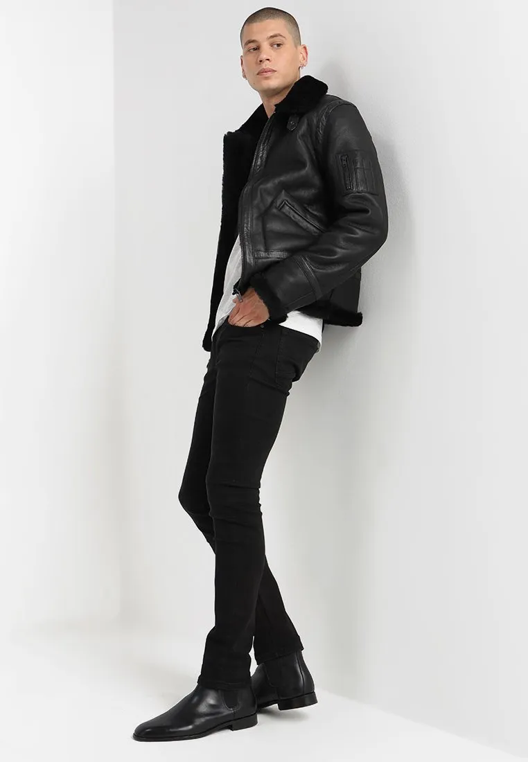 Men's Aviator Black Leather Shearling Jacket