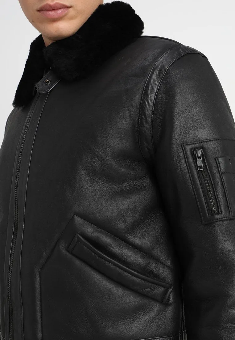 Men's Aviator Black Leather Shearling Jacket