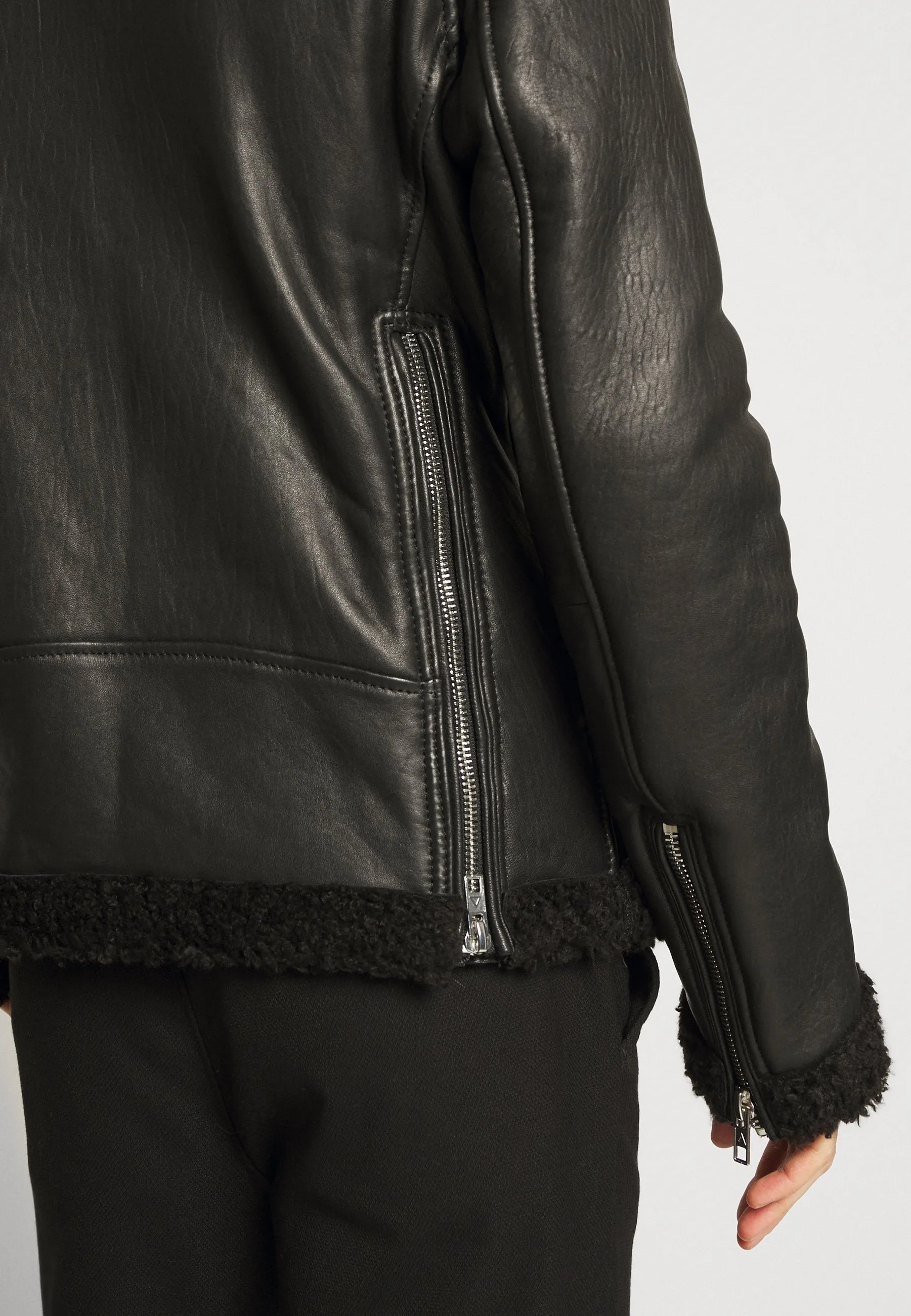 Men's Black Leather Black Shearling Biker Jacket