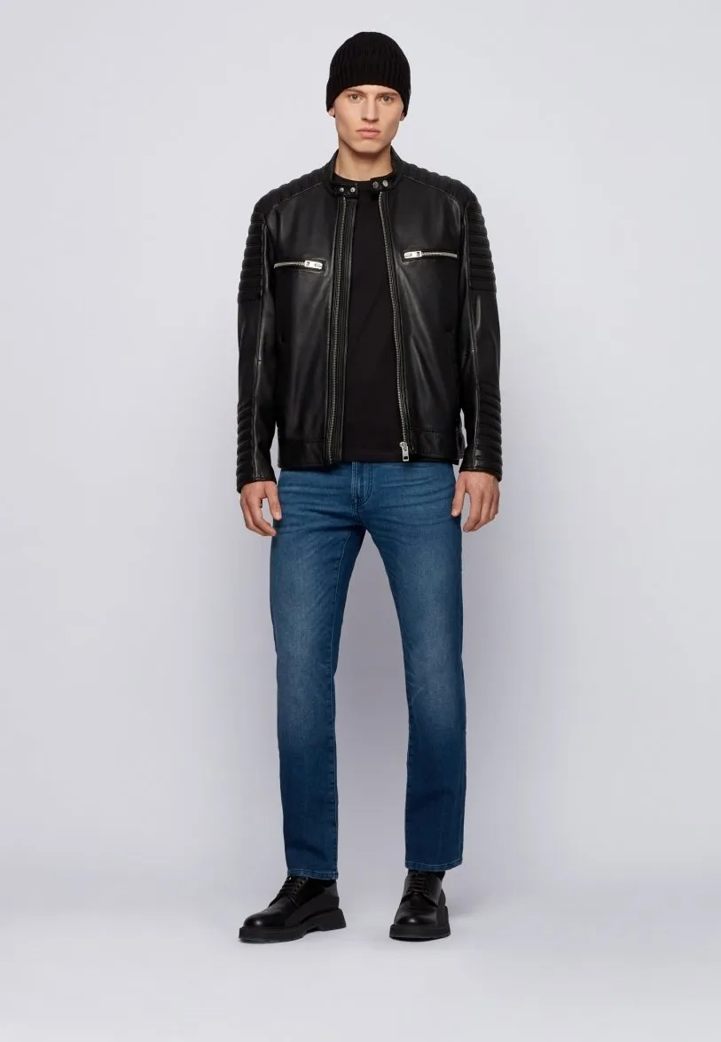 Men’s Black Leather Crew Neck Biker Jacket