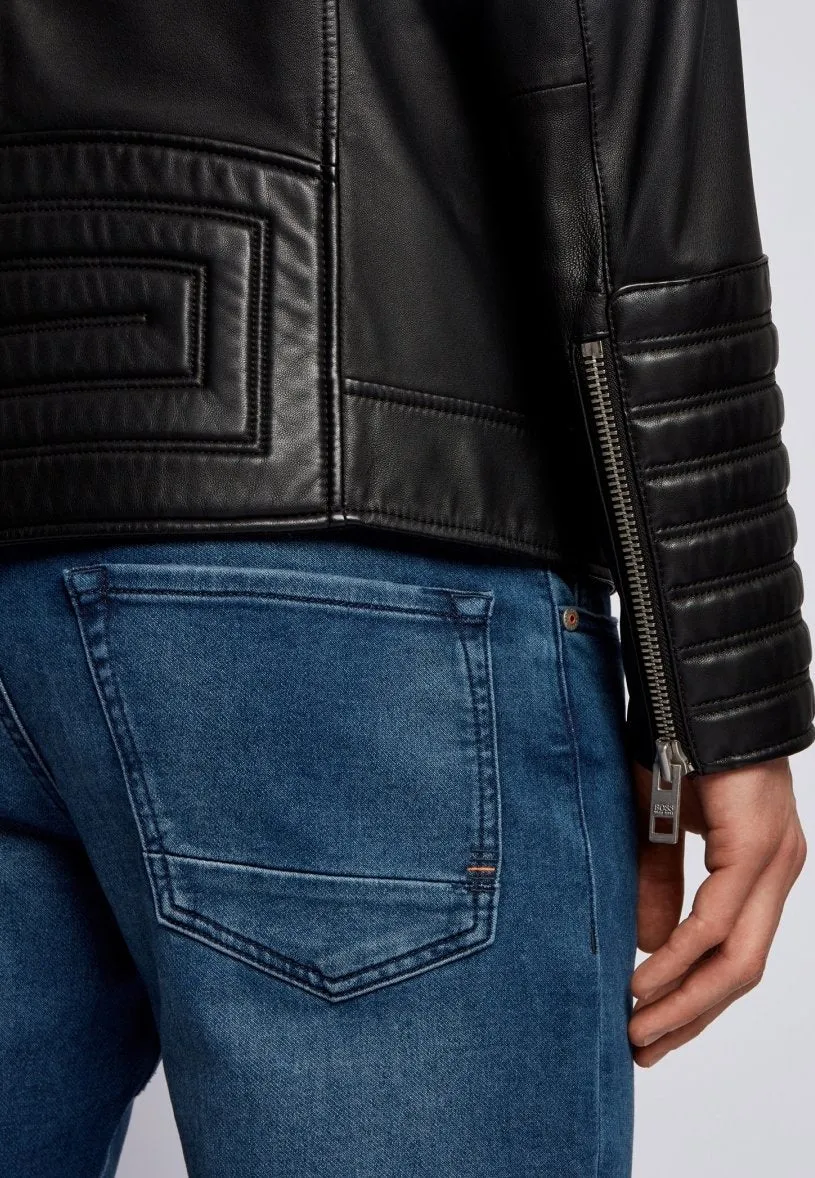 Men’s Black Leather Crew Neck Biker Jacket