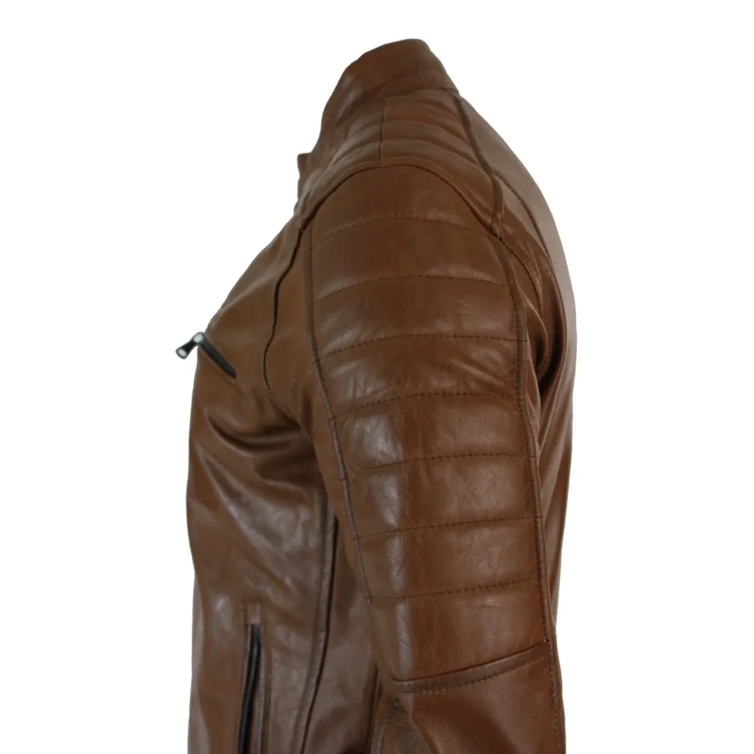 Men's Black Tan Brown Leather Biker Jacket Zipped