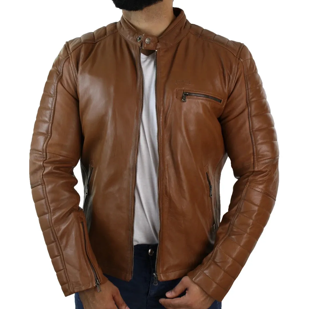 Men's Black Tan Brown Leather Biker Jacket Zipped