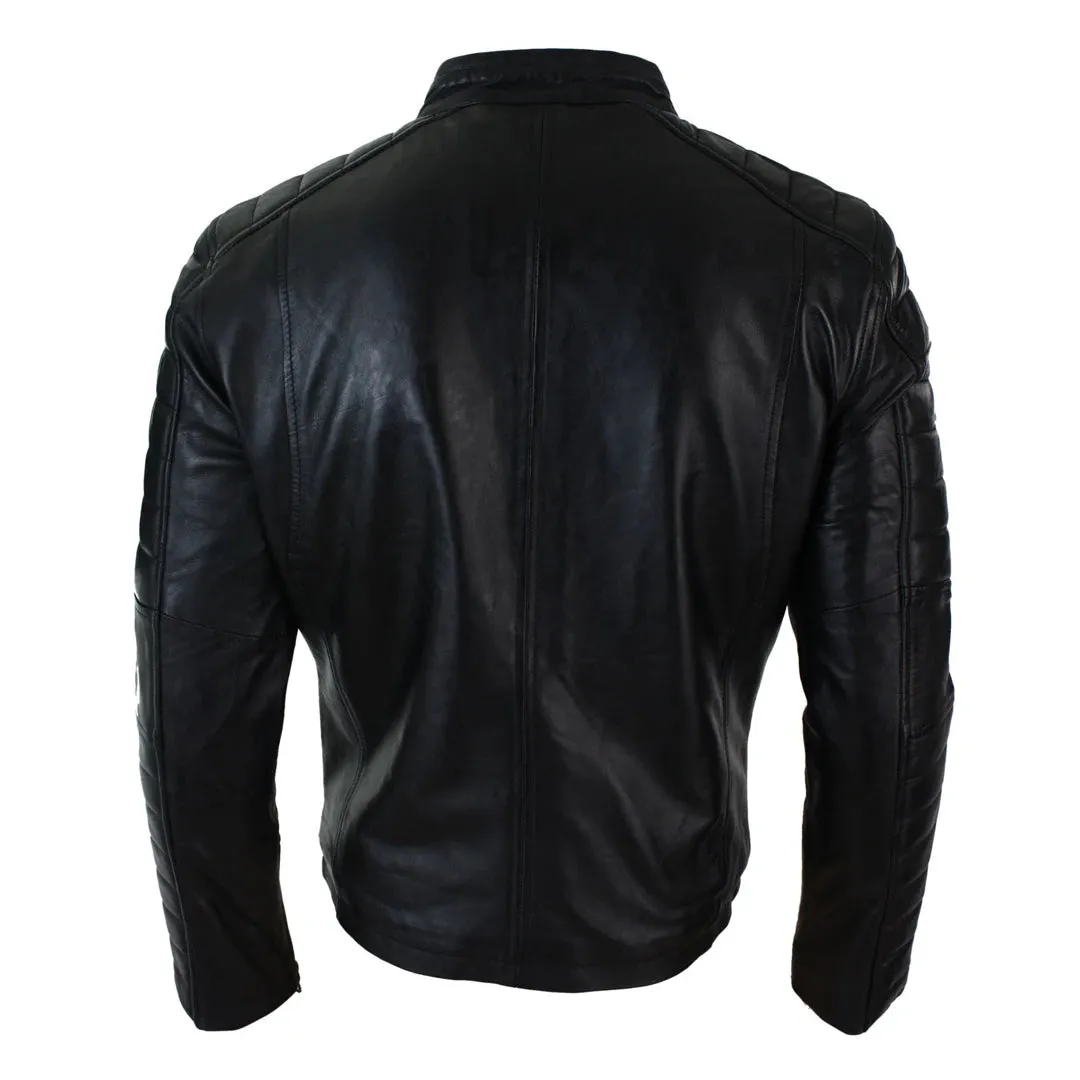 Men's Black Tan Brown Leather Biker Jacket Zipped