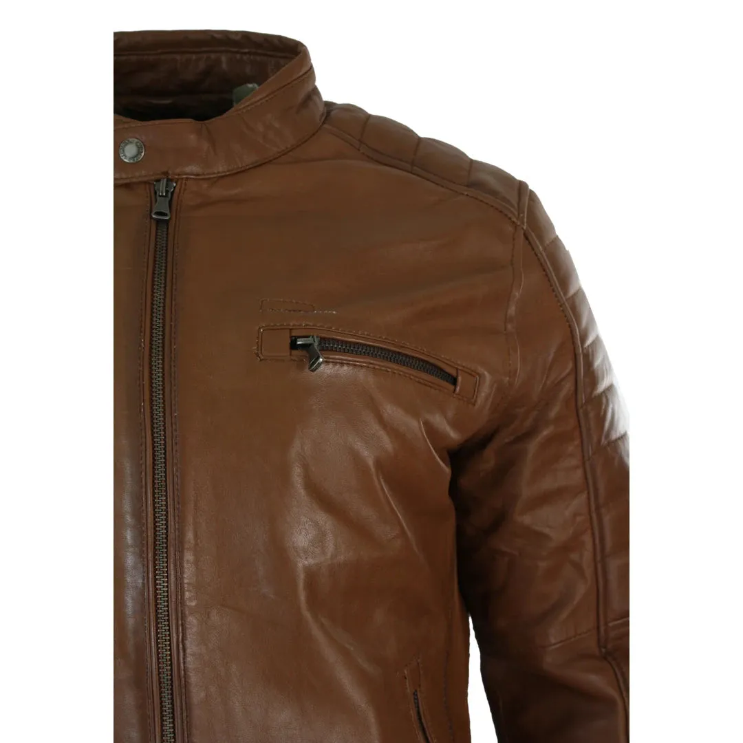 Men's Black Tan Brown Leather Biker Jacket Zipped