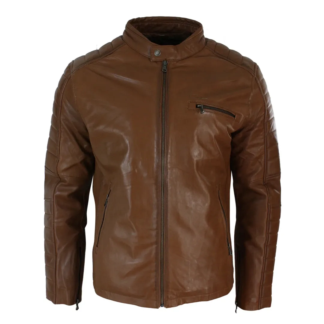 Men's Black Tan Brown Leather Biker Jacket Zipped