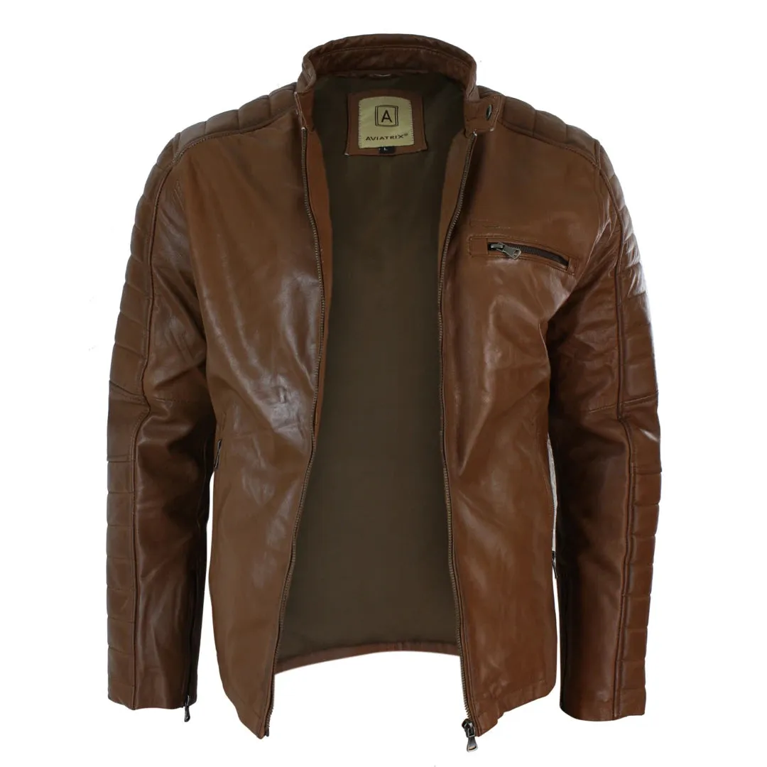 Men's Black Tan Brown Leather Biker Jacket Zipped