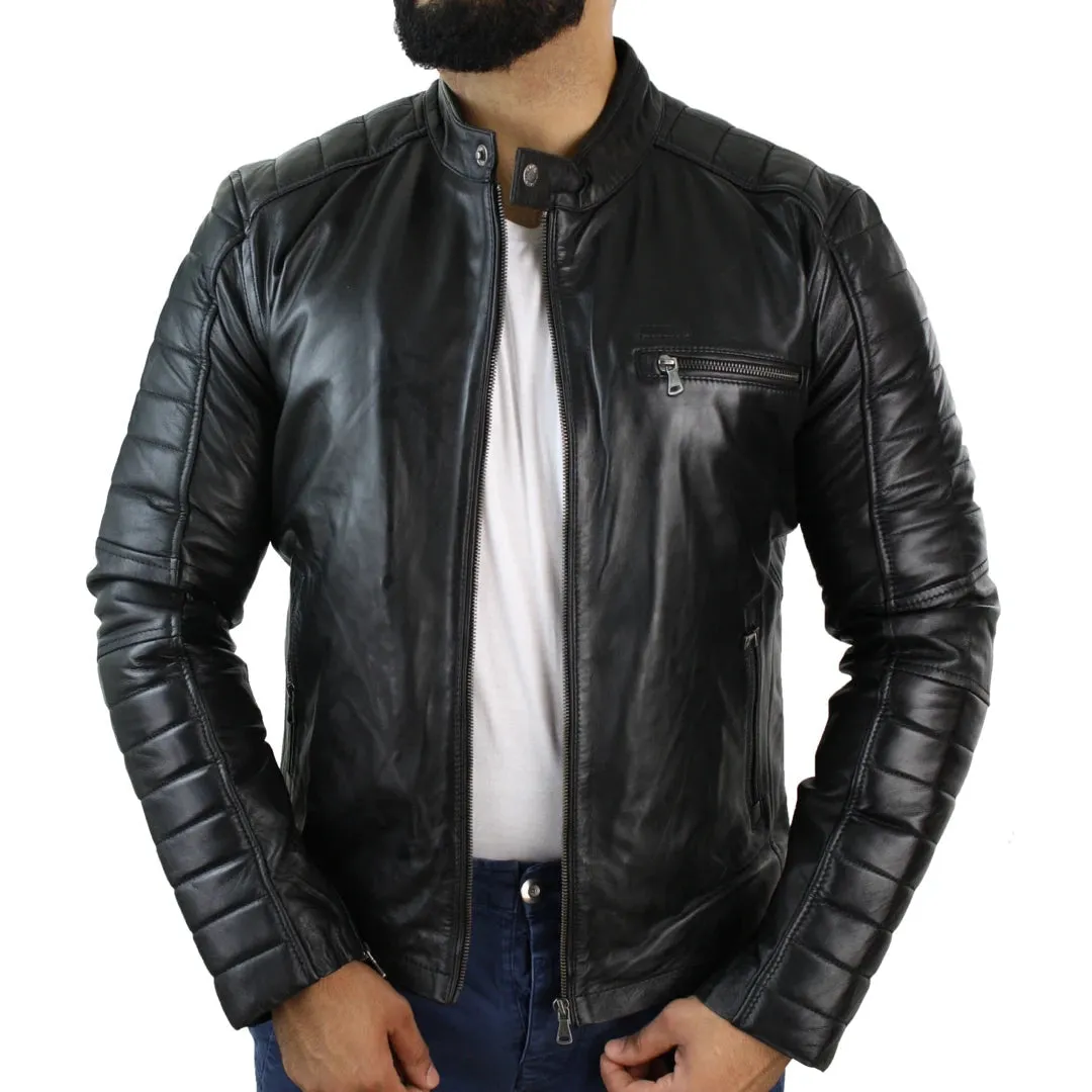 Men's Black Tan Brown Leather Biker Jacket Zipped