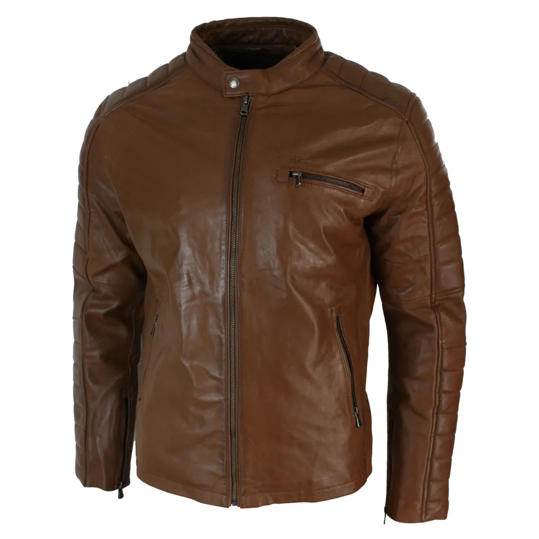 Men's Black Tan Brown Leather Biker Jacket Zipped