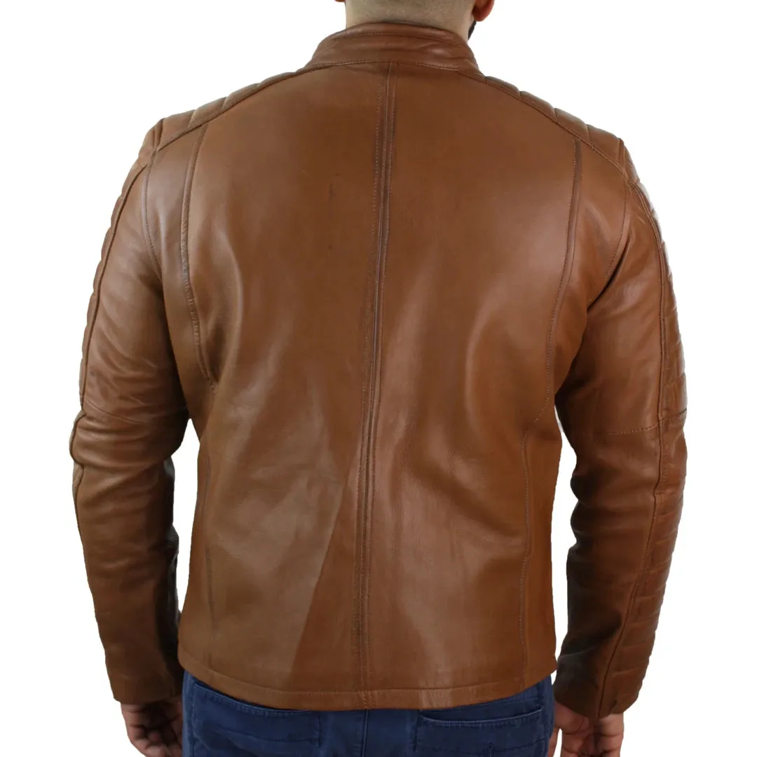 Men's Black Tan Brown Leather Biker Jacket Zipped