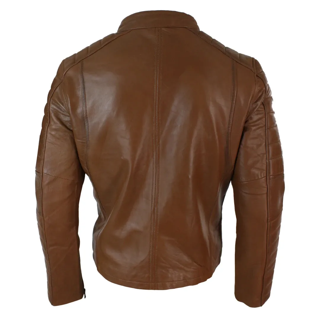 Men's Black Tan Brown Leather Biker Jacket Zipped