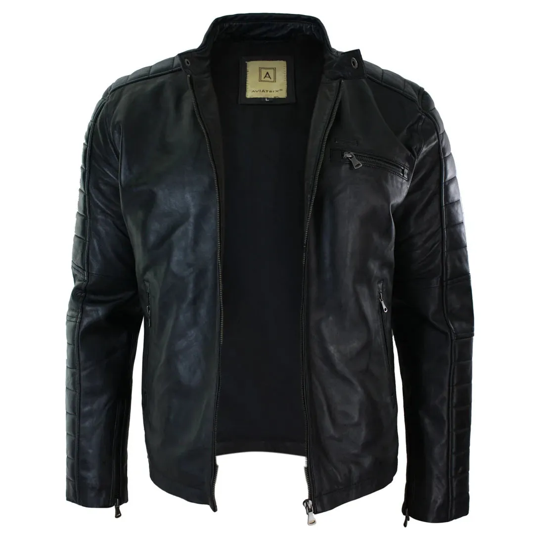 Men's Black Tan Brown Leather Biker Jacket Zipped