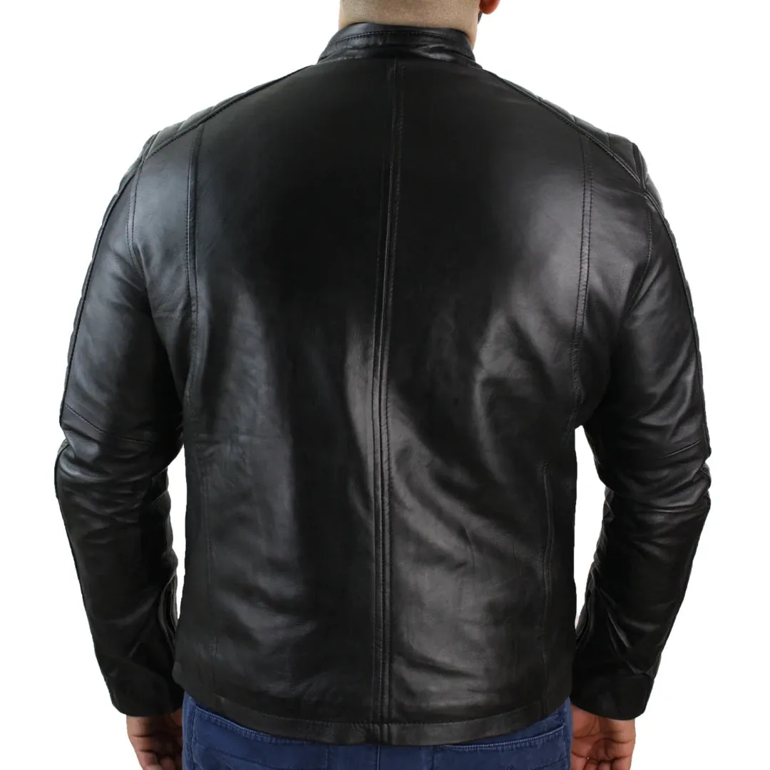 Men's Black Tan Brown Leather Biker Jacket Zipped