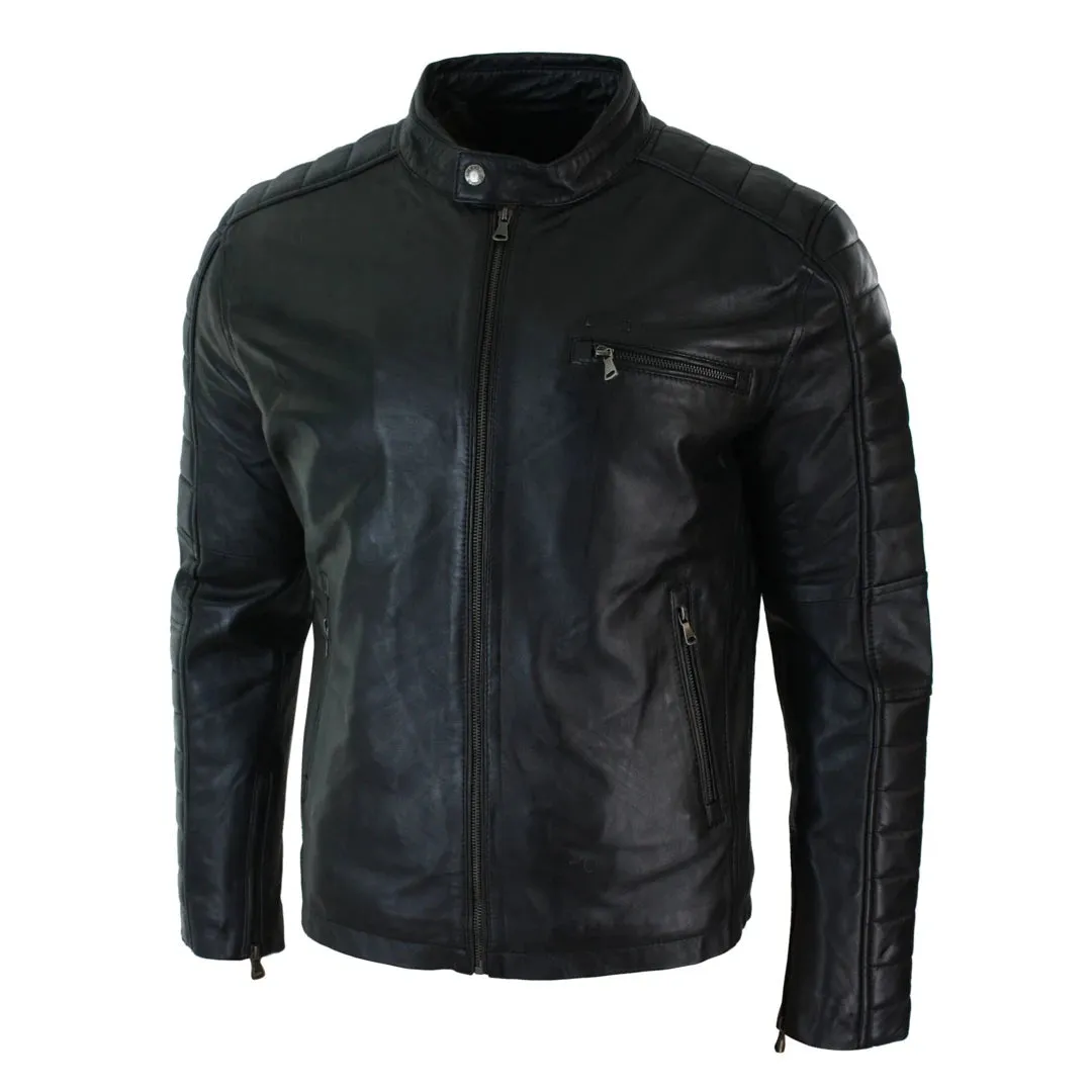 Men's Black Tan Brown Leather Biker Jacket Zipped