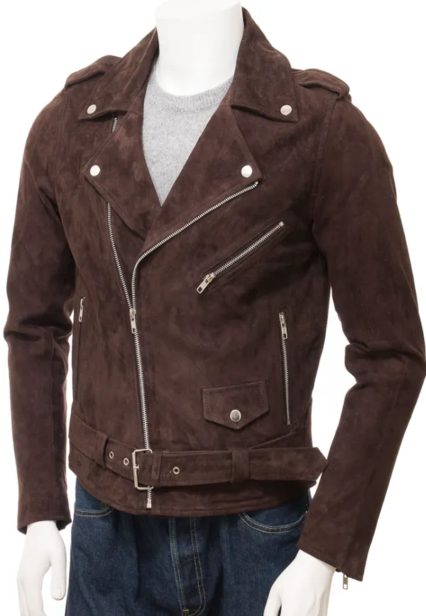 Men’s Dark Chocolate Brown Suede Leather Biker Jacket