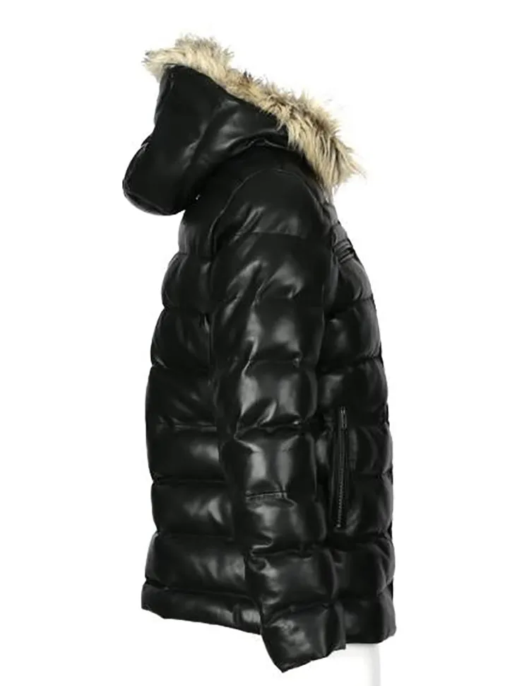 Mens Jeremiah Puffer Leather Jacket with Fur Hoodie (Black)