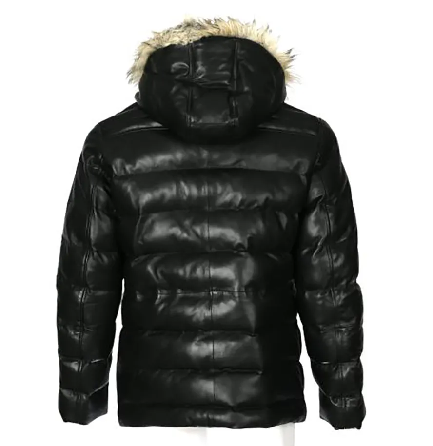 Mens Jeremiah Puffer Leather Jacket with Fur Hoodie (Black)