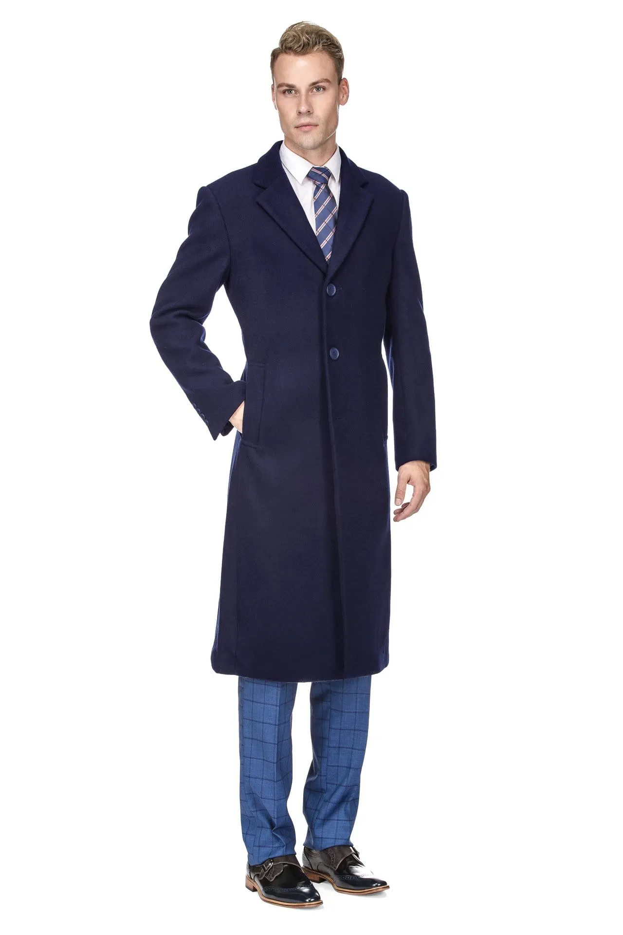 Men's Knee Length Wool Blend Three Button Long Jacket Overcoat Top Coat