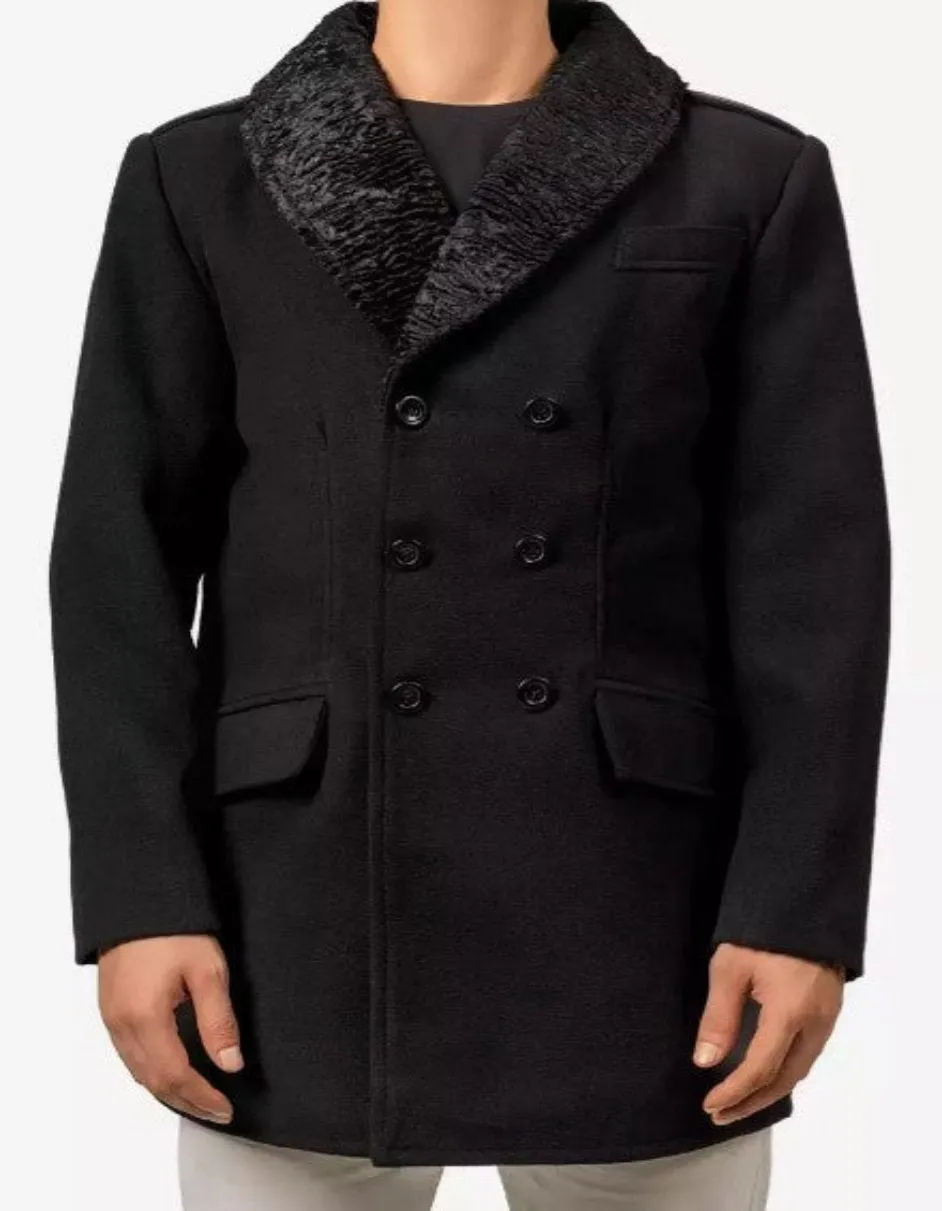 Mens Peacoat With Fur Collar - Black Wool Button Coat