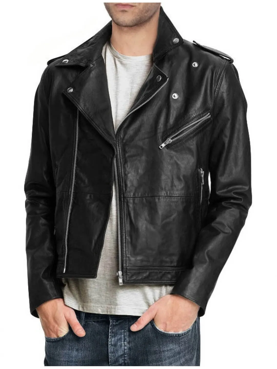 Men's Pure Black Leather Motorcycle Biker Jacket