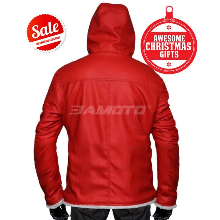 Men's Santa Claus Winter Christmas Hooded Fur Lined Red Leather Coat