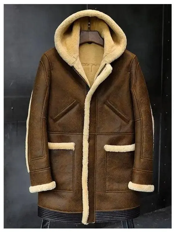 Men's Sheepskin Shearling Hooded Leather Jacket