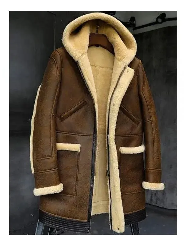 Men's Sheepskin Shearling Hooded Leather Jacket