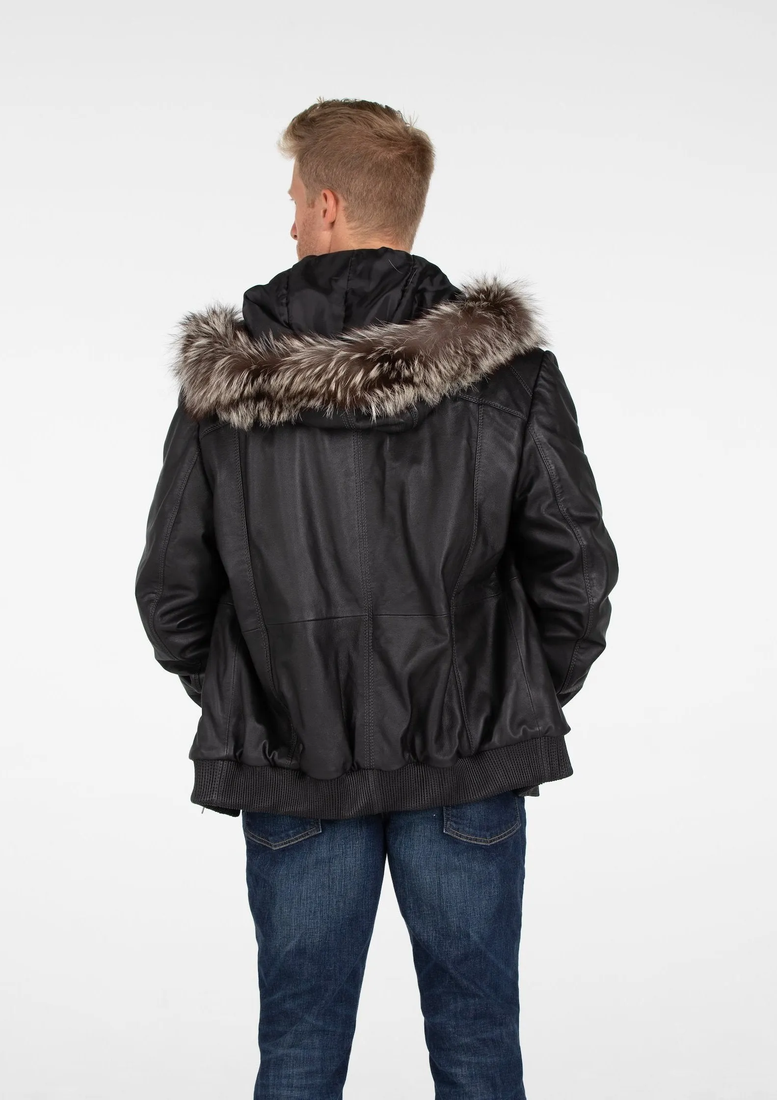 Mens Silver Fox Look Fur Hooded Leather Jacket