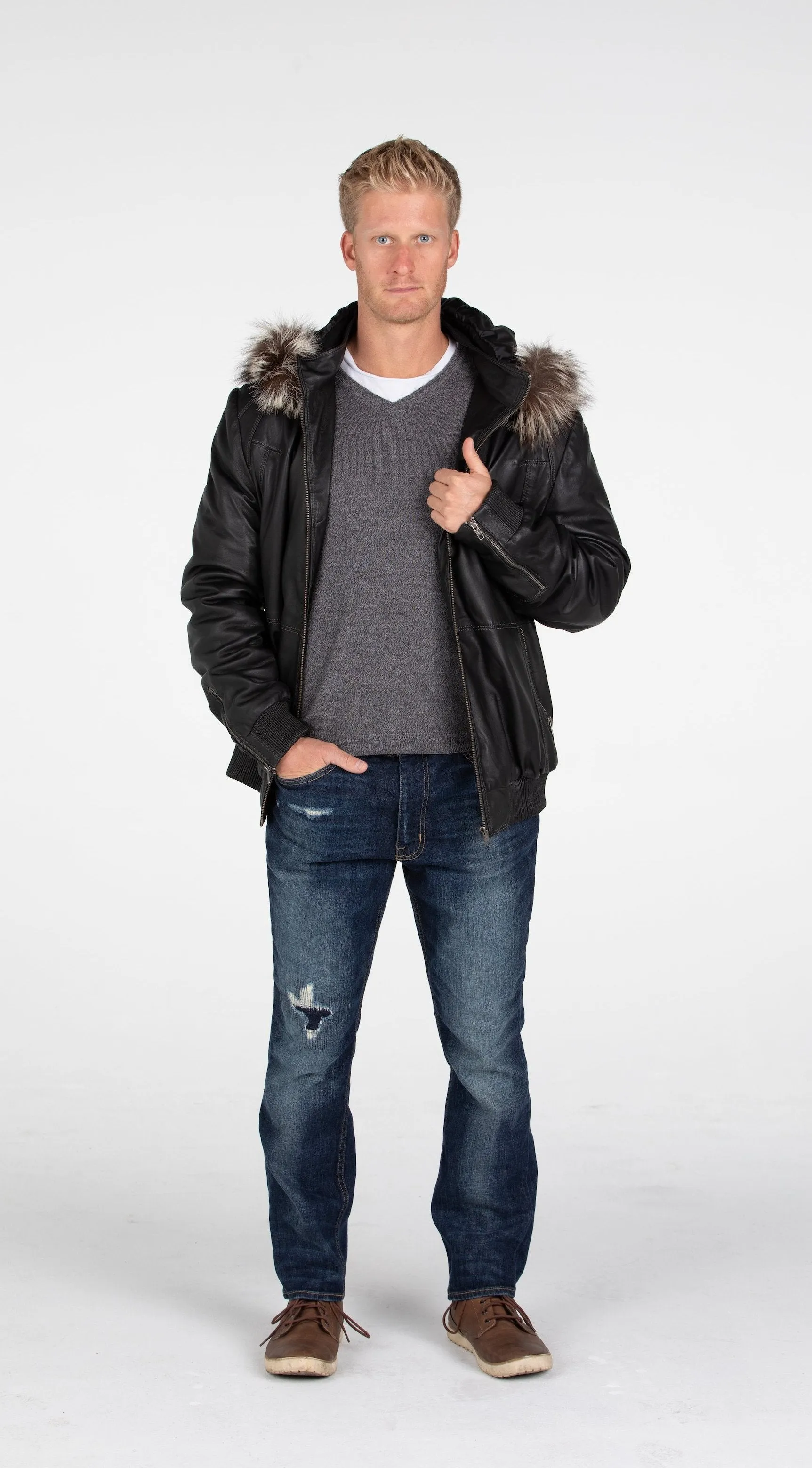 Mens Silver Fox Look Fur Hooded Leather Jacket